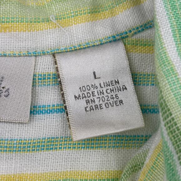 Studio Works Linen Blouse Womens Size L Green Stripe Button Up Roll Tab Sleeves - Picture 4 of 11